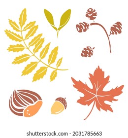 Colorful paper cut autumn fruits and leaves collection isolated on white background. Doodle hand drawn icons. Vector illustration.