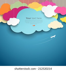 Colorful Paper Cut Clouds Shape Design On Blue Background, Vector Illustrations