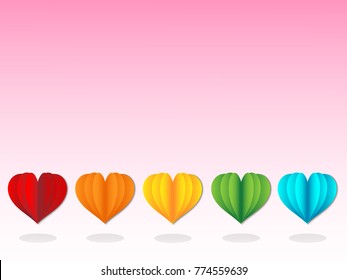 Colorful paper cut or paper craft heart shape in red, orange, yellow, green and blue color with sweet pastel pink background for Valentine's day, wedding and love theme card, vector and illustration