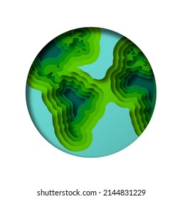 Colorful paper cut earth planet map on isolated white background. Green 3d papercut globe sphere illustration with america and africa continent for environment care or international concept.
