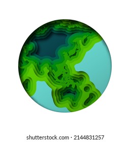Colorful paper cut earth planet map on isolated white background. Green 3d papercut globe sphere illustration with asia and australia continent for environment care or international concept.
