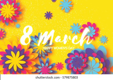 Colorful Paper Cut Flower. 8 March. Women's Day Greeting card. Origami Floral bouquet. Space for text on yellow background. Happy Mother's Day. Vector Spring illustration