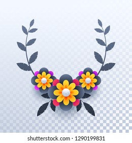 Colorful paper cut flowers decorated transparent background.