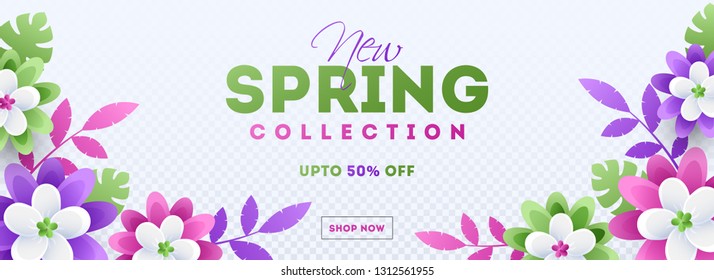 Colorful paper cut flowers decorated header or banner design for new spring sale concept.