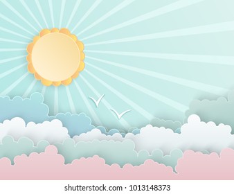 Colorful paper cut fluffy clouds and sun with rays in the blue sky. Flying birds. Modern 3d paper art style. Vector illustration of cloudscape, sunny day in pastel colors