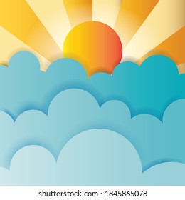 Papel colorido cortó nubes esponjosas y sol con rayos en el cielo azul. Moderno estilo de arte de papel 3d. Ilustración vectorial del paisaje nublado, día soleado 
