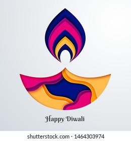 Colorful paper cut illustration of oil lamp on white background for Happy Diwali Festival Celebration poster or banner design.