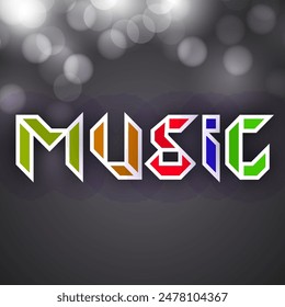 Colorful Paper Cut Music Text on Black Bokeh Background.