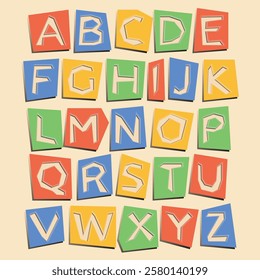 Colorful paper cut out font with shadows. English alphabet made of paper letters with cut out effect. Vector illustration.