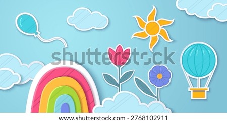 Colorful paper cut spring backdrop with fluffy clouds, rainbow sky, and origami flowers, air balloon and sun, abstract vector background. Summer landscape backdrop for children product presentation