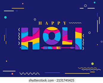 Colorful Paper Cut Style Holi Font With Water Gun On Blue Background.