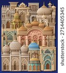 Colorful paper cut style vector illustration of an oriental city with domes, towers, and minarets. Perfect for Arabian, Islamic, and fairytale themed designs. Not AI