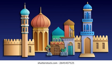 Colorful paper cut style vector illustration of an oriental city with domes, towers, and minarets. Perfect for Arabian, Islamic, and fairytale themed designs