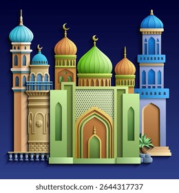 Colorful paper cut style vector illustration of an oriental city with domes, towers, and minarets. Perfect for Arabian, Islamic, and fairytale themed designs. Not AI