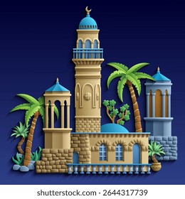 Colorful paper cut style vector illustration of an oriental city with domes, towers, and minarets. Perfect for Arabian, Islamic, and fairytale themed designs. Not AI
