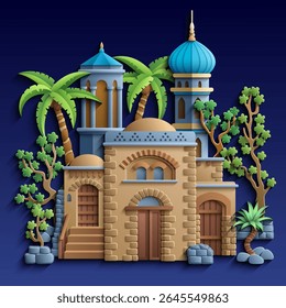 Colorful paper cut style vector illustration of an oriental city with domes, towers, and minarets. Perfect for Arabian, Islamic, and fairytale themed designs. Not AI