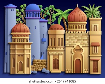 Papel colorido corte estilo ilustração vetorial de uma cidade oriental com cúpulas, torres e minaretes. Perfeito para projetos temáticos árabes, islâmicos e de contos de fadas. Não é IA