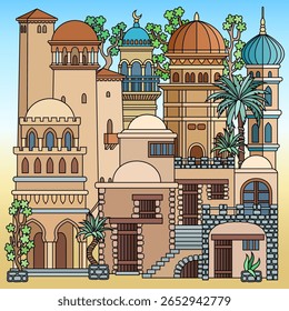 Colorful paper cut style vector illustration of an oriental city with domes, towers, and minarets. Perfect for Arabian, Islamic, and fairytale themed designs. Not AI