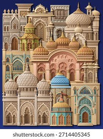Papel colorido corte estilo ilustração vetorial de uma cidade oriental com cúpulas, torres e minaretes. Perfeito para projetos temáticos árabes, islâmicos e de contos de fadas. Não é IA