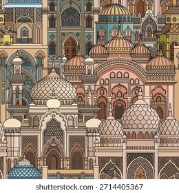 Patrón transparente de Vector de estilo de corte de papel colorido de una ciudad oriental con cúpulas, torres y minaretes. Perfecto para diseños árabes, islámicos y de cuento de hadas. No es IA