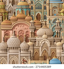 Papel colorido corte estilo vetor sem emenda padrão de uma cidade oriental com cúpulas, torres e minaretes. Perfeito para projetos temáticos árabes, islâmicos e de contos de fadas. Não é IA