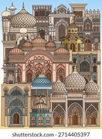Papel colorido corte estilo ilustração vetorial de uma cidade oriental com cúpulas, torres e minaretes. Perfeito para projetos temáticos árabes, islâmicos e de contos de fadas. Não é IA