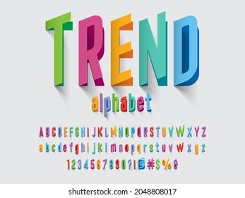 Colorful paper cut stylized alphabet design with uppercase, lowercase, numbers and symbols