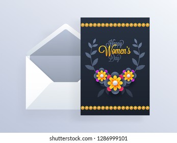 Colorful paper flowers decorated greeting card design for Women's Day celebration.