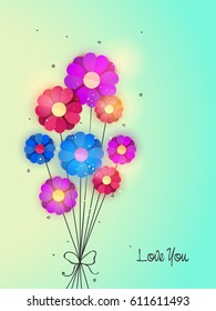 Colorful Paper Flowers in heart shape on shiny background. Elegant floral background for greeting or invitation card design.