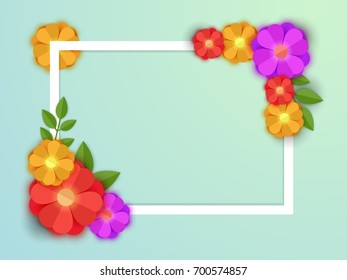 Colorful paper flowers with white ractangle frame and space for your text.