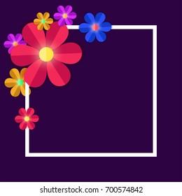 Colorful paper flowers with white square frame on purple background.