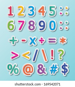 colorful paper font signs. numbers and symbols.