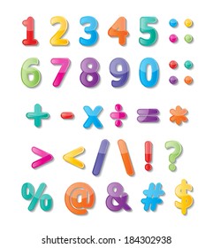 colorful paper font signs. numbers and symbols. vector.