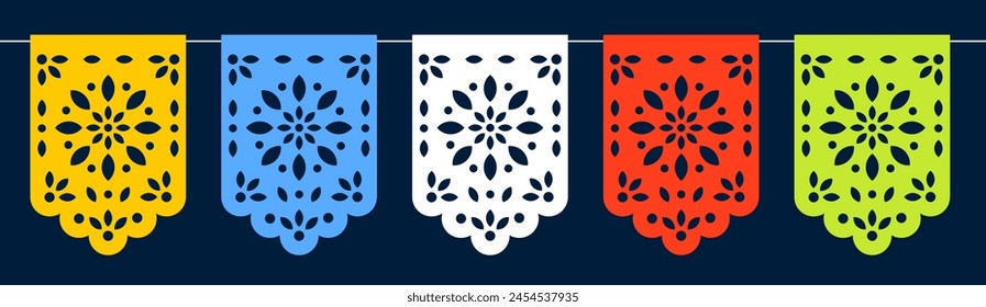 Colorful paper garland. Cut out composition for paper garland. Papel Picado template. Sample of cards for Mexican festival.