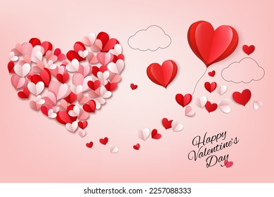 Colorful Paper Hearts collected in the shape of a heart and red paper hearts on the pink background . Valentine's Day background. Vector illustration