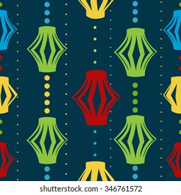 Colorful paper lanterns seamless pattern on dark background