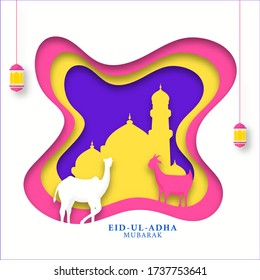 Colorful Paper Layer Cut Background with Mosque, Camel, Goat and Lanterns Hang for Eid-Ul-Adha Mubarak Concept.