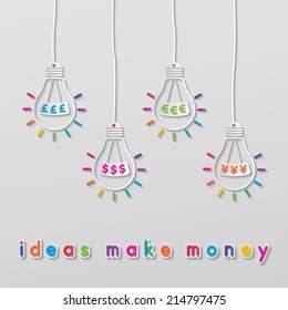 colorful paper light bulbs with dollar, pound sterling, euro and yen currency signs. vector.