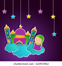 Colorida mezquita de papel sobre nubes con estrellas colgantes para Ramadan Kareem, fondo de la celebración del Festival de la Comunidad Musulmana.