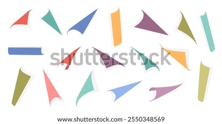 Colorful paper note curls, curly corners and edges of stickers or sheets. Vector business and office, school stationery. Messages bundles, documents or posters advertisement effects, copy space