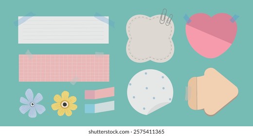 Colorful paper notes in various shapes: heart, flower, circle. Decorative notes with tape and clips. Perfect for crafts, scrapbooking, and creative projects. Cute vector set.