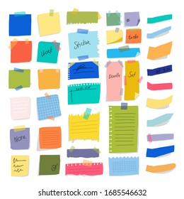 Colorful paper on wall glued with adhesive tape bright set horizontal and vertical leaflets for notes business person. Vector illustration. Organization successful workflow.