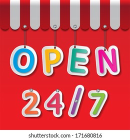 colorful paper open signs 24/7 on red background and awning. vector.
