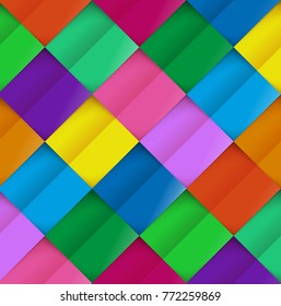 Colorful paper pattern on background colored rhombus vector illustration. Geometric holiday card from colored pieces by cloth or paper with shadow