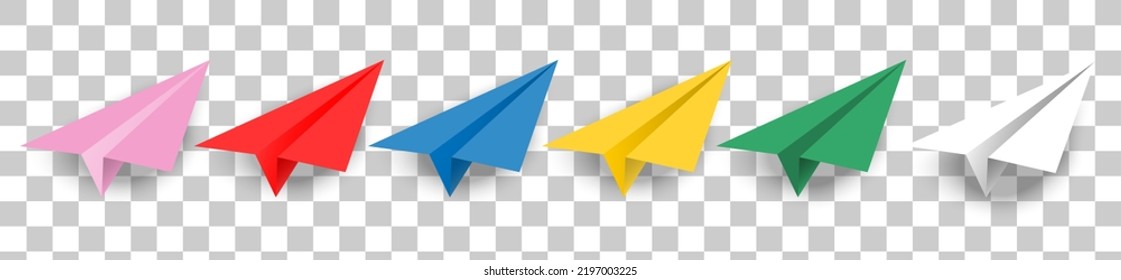 Colorful paper plane and origami airplane icon set. Set of paper airplanes isolated on transparent background.3D realistic paper plane.