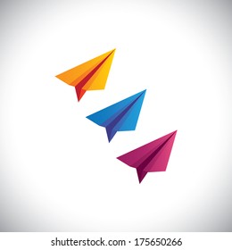 colorful paper plane vector icons - origami style. This graphic consists of flyers in bright, vibrant colors like orange, blue, yellow & pink  