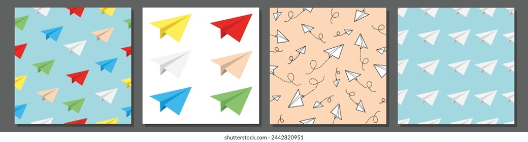 Colorful paper planes flying in blue sky. Vector seamless patterns, frame and design element set. wallpaper, wrapping paper or banner template. Target, business, purpose or goals concept collection.