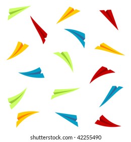 Colorful paper planes flying over white background