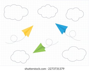 Colorful paper planes on school notebook background. Concept of children making flying paper airplanes in school out of notebook paper