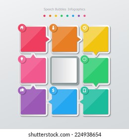 colorful paper rectangle speech bubbles eight step infographics in flat design style. vector.